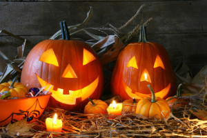 Scarved jack-o-lanterns lit for halloween